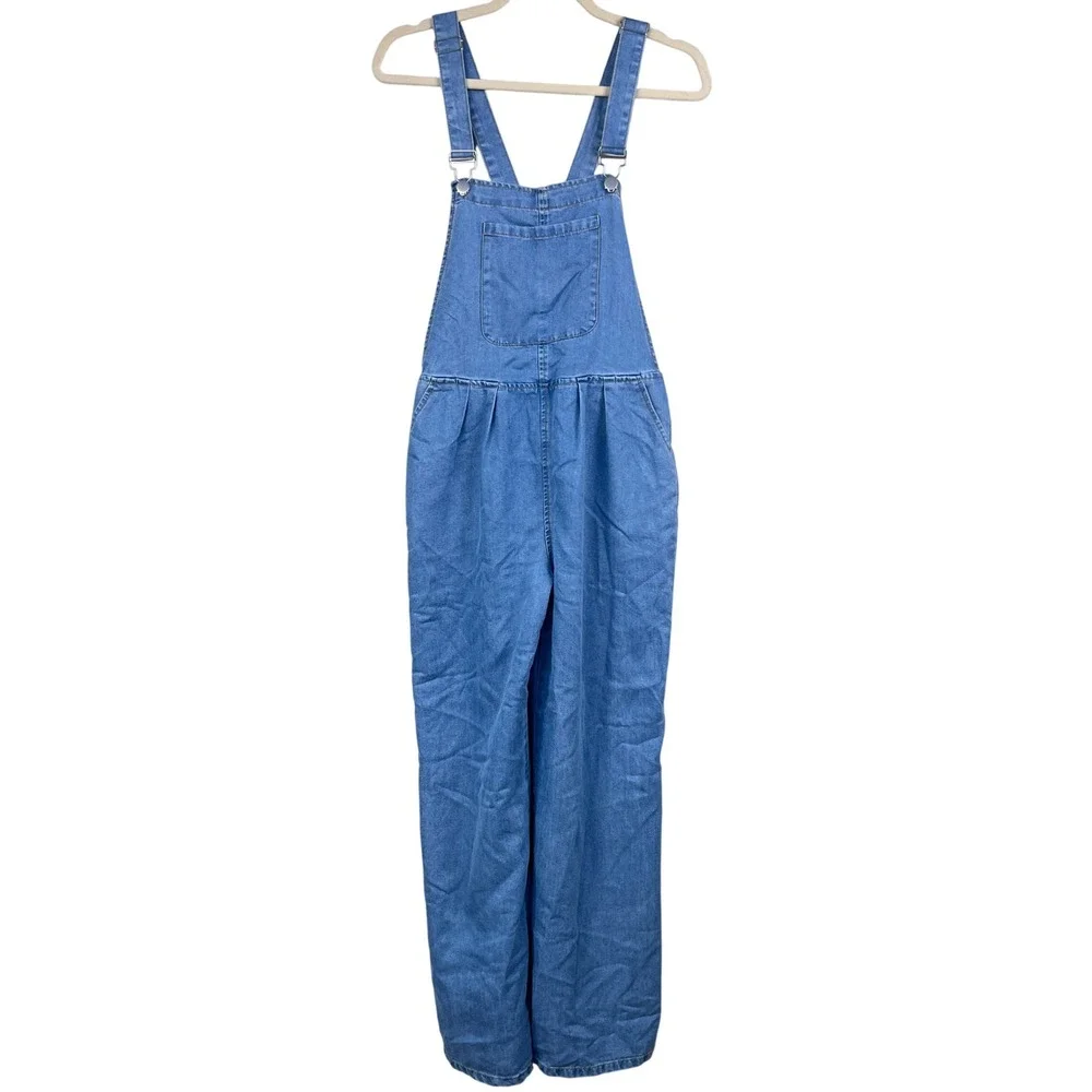 Denim Bib Overalls Women Medium Wide Leg Pleated‎ Blue Wash 90s Retro Boho READ